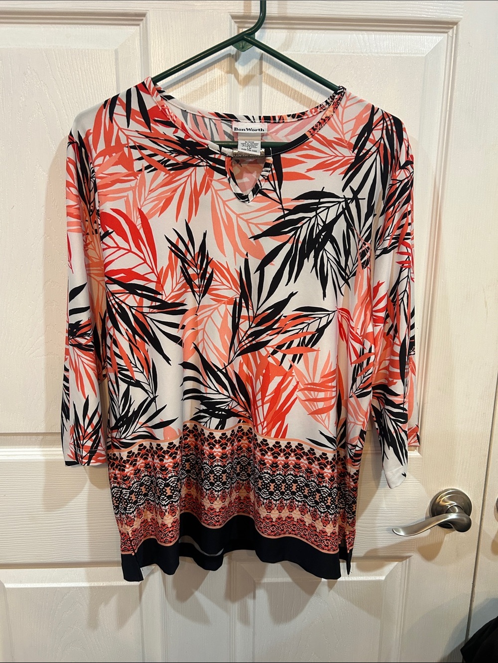 Dana Buchman Coral, Black & Cream Leaf-Print 3/4 Long Sleeve Top
